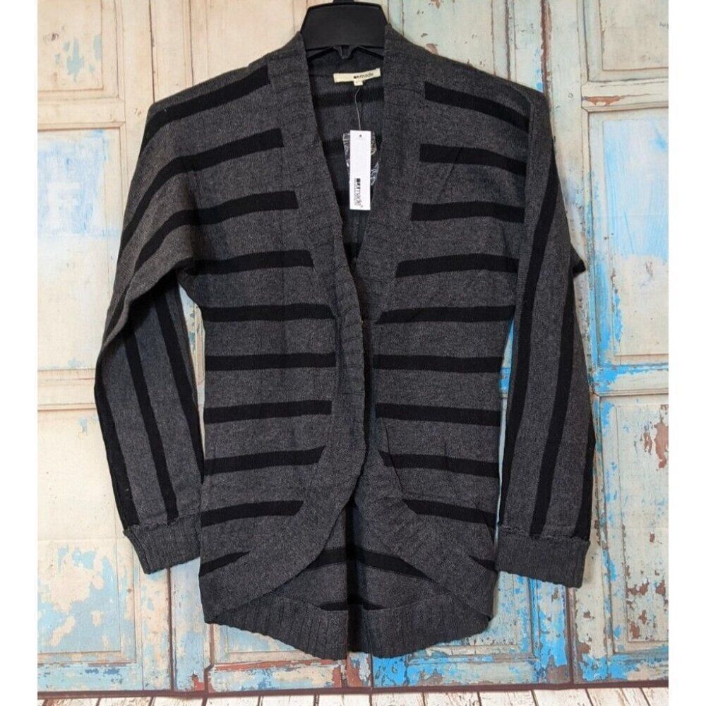 Lamade Womens Size S Gray Black Striped Long Sleeve Cardigan Sweater Stretch